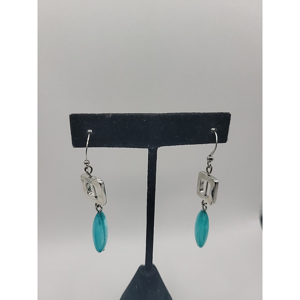Vintage Silver Tone Dangle Earrings Blue Teal Glass Bead Drop Jewelry